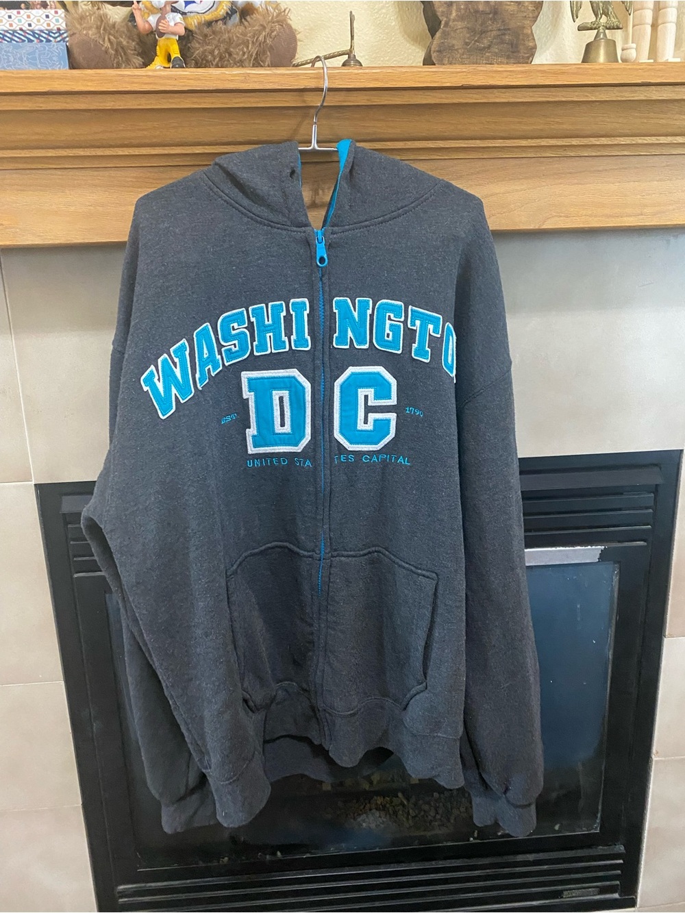 Washington DC Full Zip-Up Hoodie - Charcoal with Teal Lettering Men’s Large